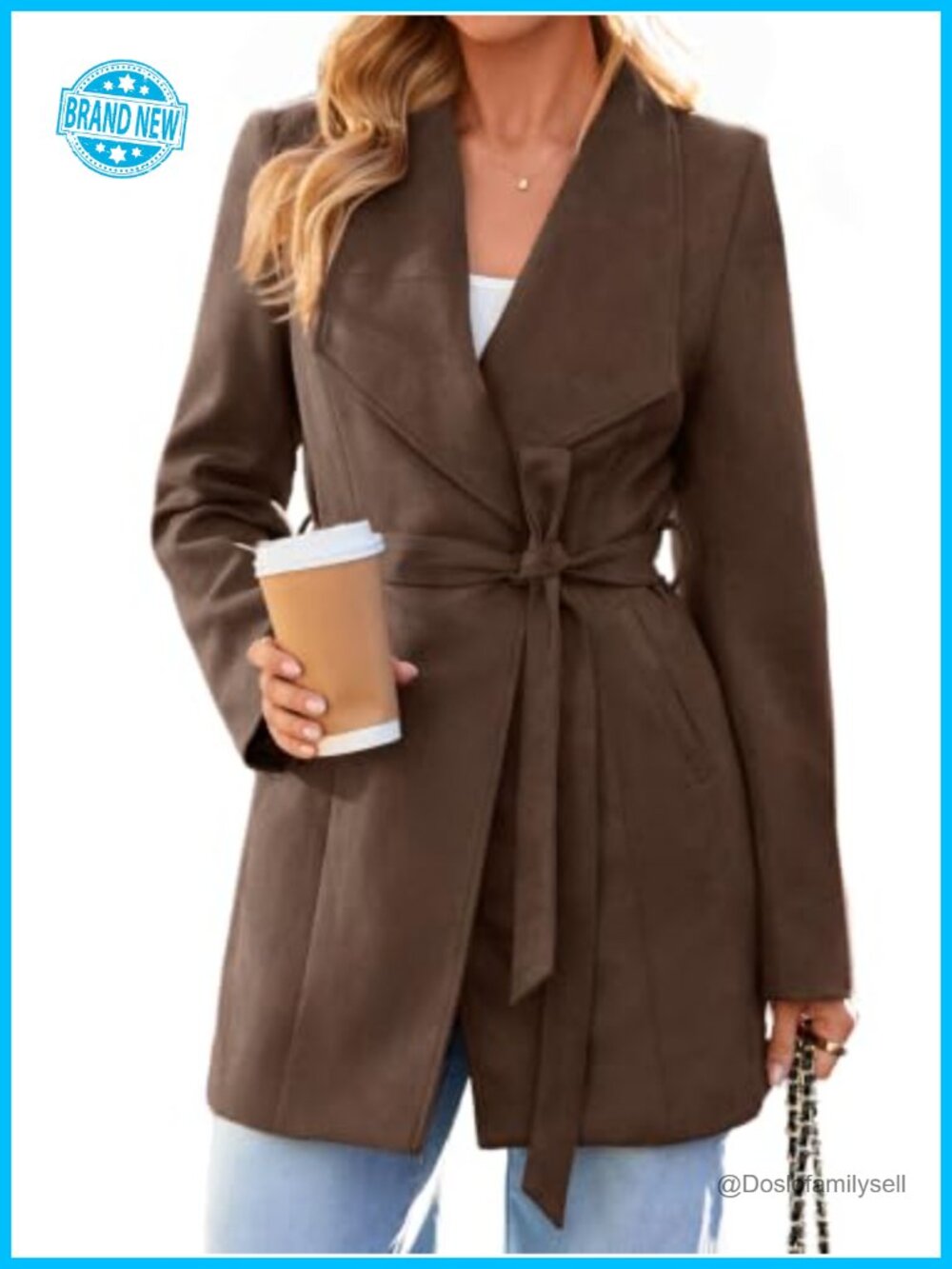 Faux Suede Trench Coat Belted Tie Waist Open Front Lapel Fall Outerwear